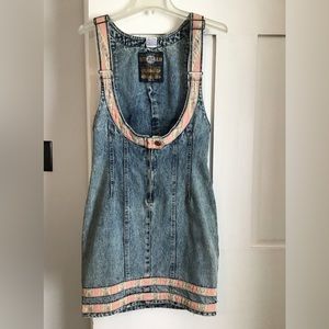 Vintage 1980’S acid wash denim overall body con dress with printed floral trim.